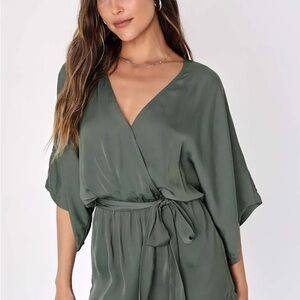 Ain't It Grand Olive Green Satin Surplice Romper